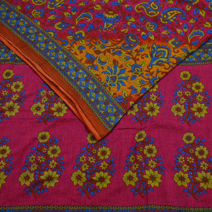 Indian Vintage Sari Pink & Mustard Pure Cotton Printed Sarees Craft Fabric Soft 5Yd Sarong Wrap Boho Fabric Kimono Quilting Crafting Upcycle
