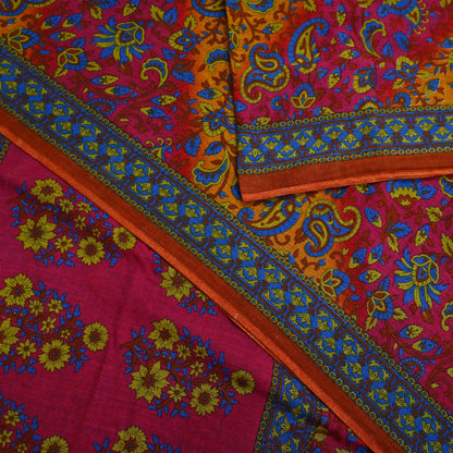 Indian Vintage Sari Pink & Mustard Pure Cotton Printed Sarees Craft Fabric Soft 5Yd Sarong Wrap Boho Fabric Kimono Quilting Crafting Upcycle