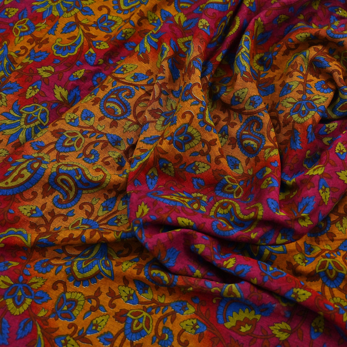 Indian Vintage Sari Pink & Mustard Pure Cotton Printed Sarees Craft Fabric Soft 5Yd Sarong Wrap Boho Fabric Kimono Quilting Crafting Upcycle