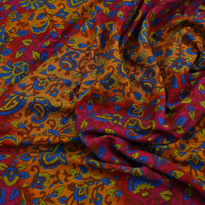 Indian Vintage Sari Pink & Mustard Pure Cotton Printed Sarees Craft Fabric Soft 5Yd Sarong Wrap Boho Fabric Kimono Quilting Crafting Upcycle