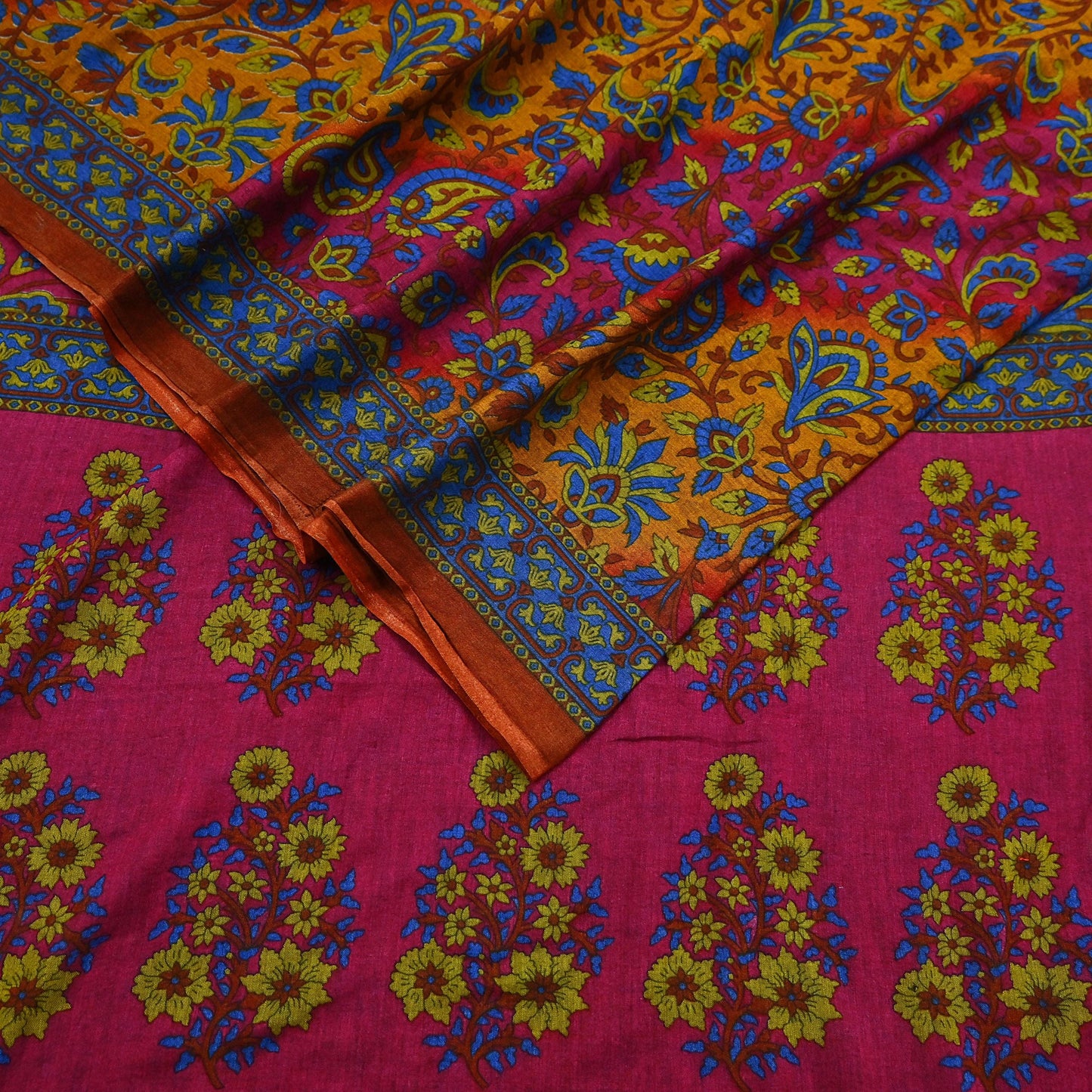 Indian Vintage Sari Pink & Mustard Pure Cotton Printed Sarees Craft Fabric Soft 5Yd Sarong Wrap Boho Fabric Kimono Quilting Crafting Upcycle