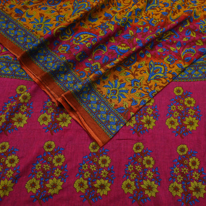 Indian Vintage Sari Pink & Mustard Pure Cotton Printed Sarees Craft Fabric Soft 5Yd Sarong Wrap Boho Fabric Kimono Quilting Crafting Upcycle