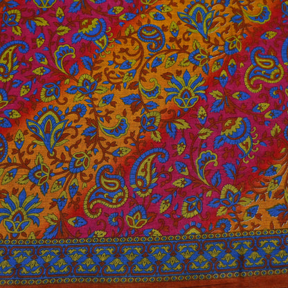 Indian Vintage Sari Pink & Mustard Pure Cotton Printed Sarees Craft Fabric Soft 5Yd Sarong Wrap Boho Fabric Kimono Quilting Crafting Upcycle