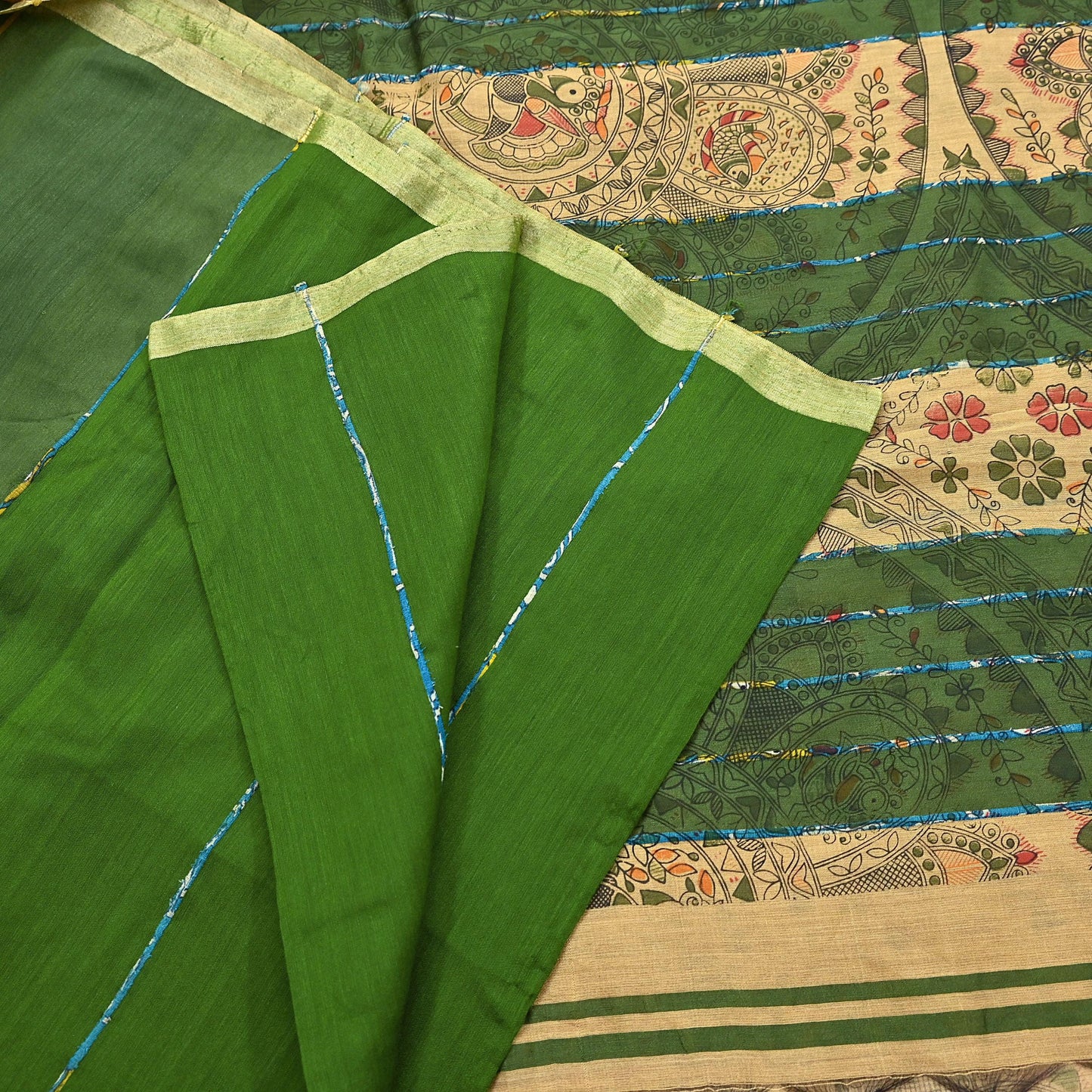 Indian Vintage Beige & Green Saree Artificial Silk Embroidered kalamkari Sari Craft Fabric 5Yd Sewing Stripes Dress making Crafting Fringes