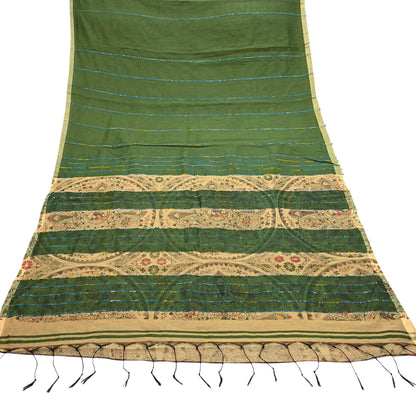 Indian Vintage Beige & Green Saree Artificial Silk Embroidered kalamkari Sari Craft Fabric 5Yd Sewing Stripes Dress making Crafting Fringes