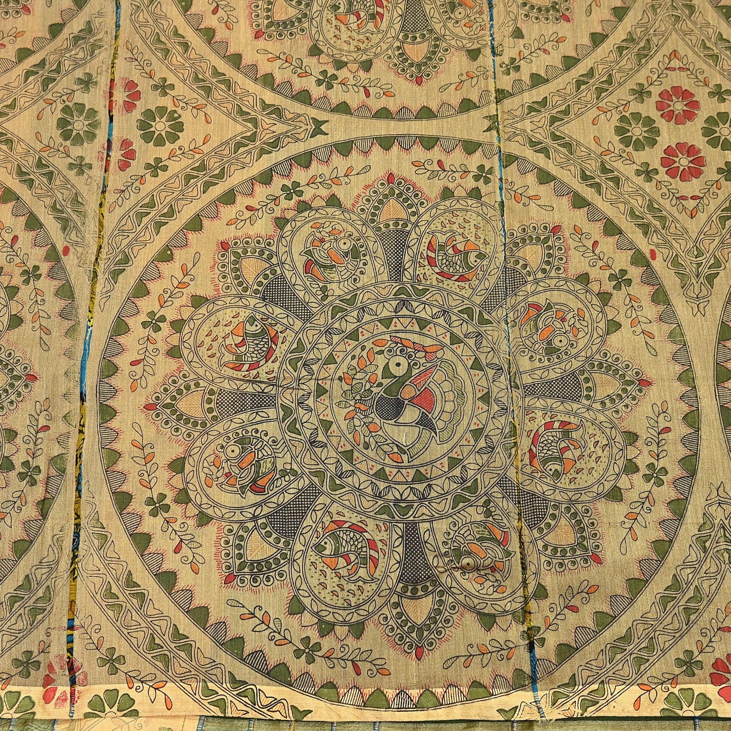 Indian Vintage Beige & Green Saree Artificial Silk Embroidered kalamkari Sari Craft Fabric 5Yd Sewing Stripes Dress making Crafting Fringes