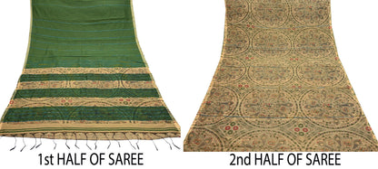 Indian Vintage Beige & Green Saree Artificial Silk Embroidered kalamkari Sari Craft Fabric 5Yd Sewing Stripes Dress making Crafting Fringes