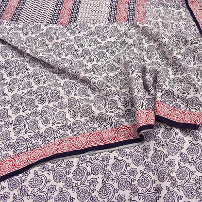 Indian Vintage Sari Cream & Black Pure Chanderi Cotton Hand Block Printed Sarees 5Yd Craft Fabric Soft Sewing Sarong Dress Making Quilting