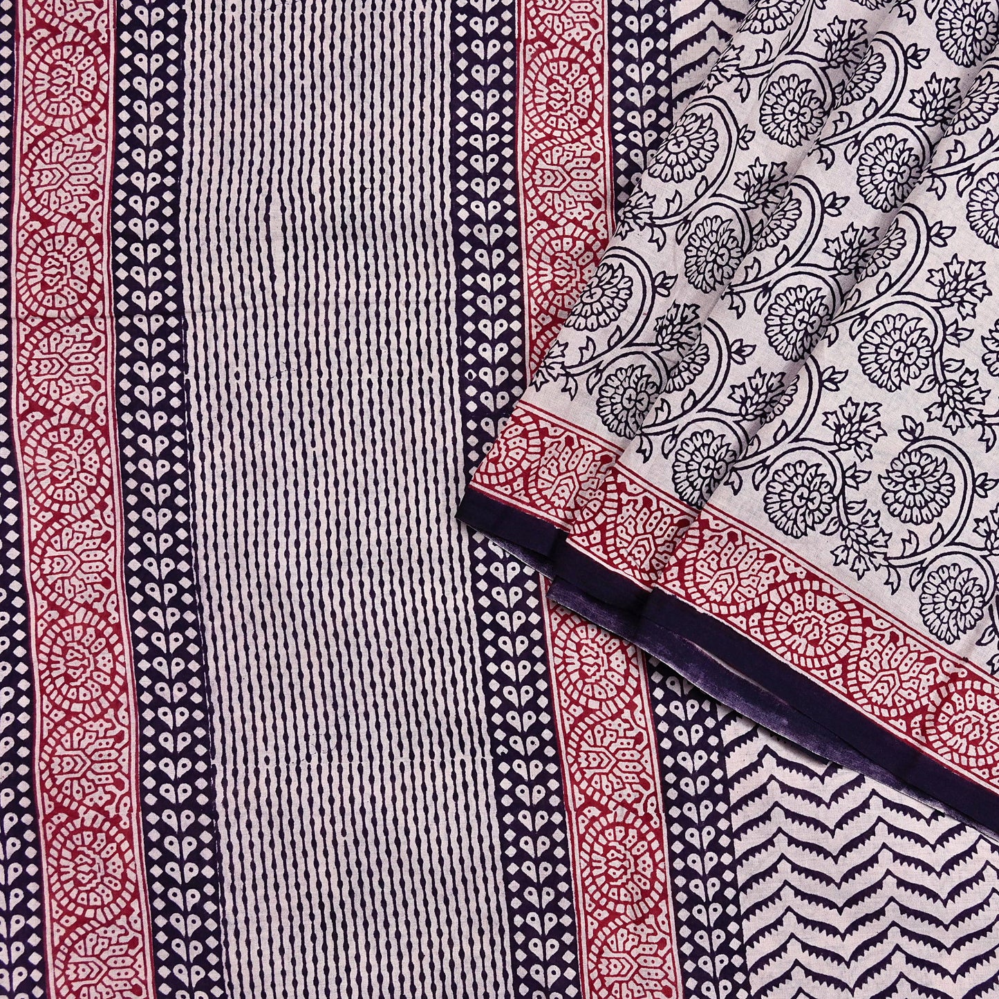 Indian Vintage Sari Cream & Black Pure Chanderi Cotton Hand Block Printed Sarees 5Yd Craft Fabric Soft Sewing Sarong Dress Making Quilting