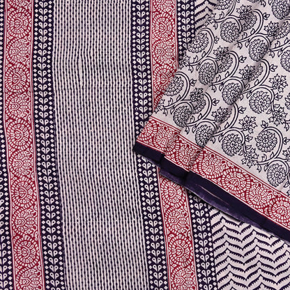 Indian Vintage Sari Cream & Black Pure Chanderi Cotton Hand Block Printed Sarees 5Yd Craft Fabric Soft Sewing Sarong Dress Making Quilting