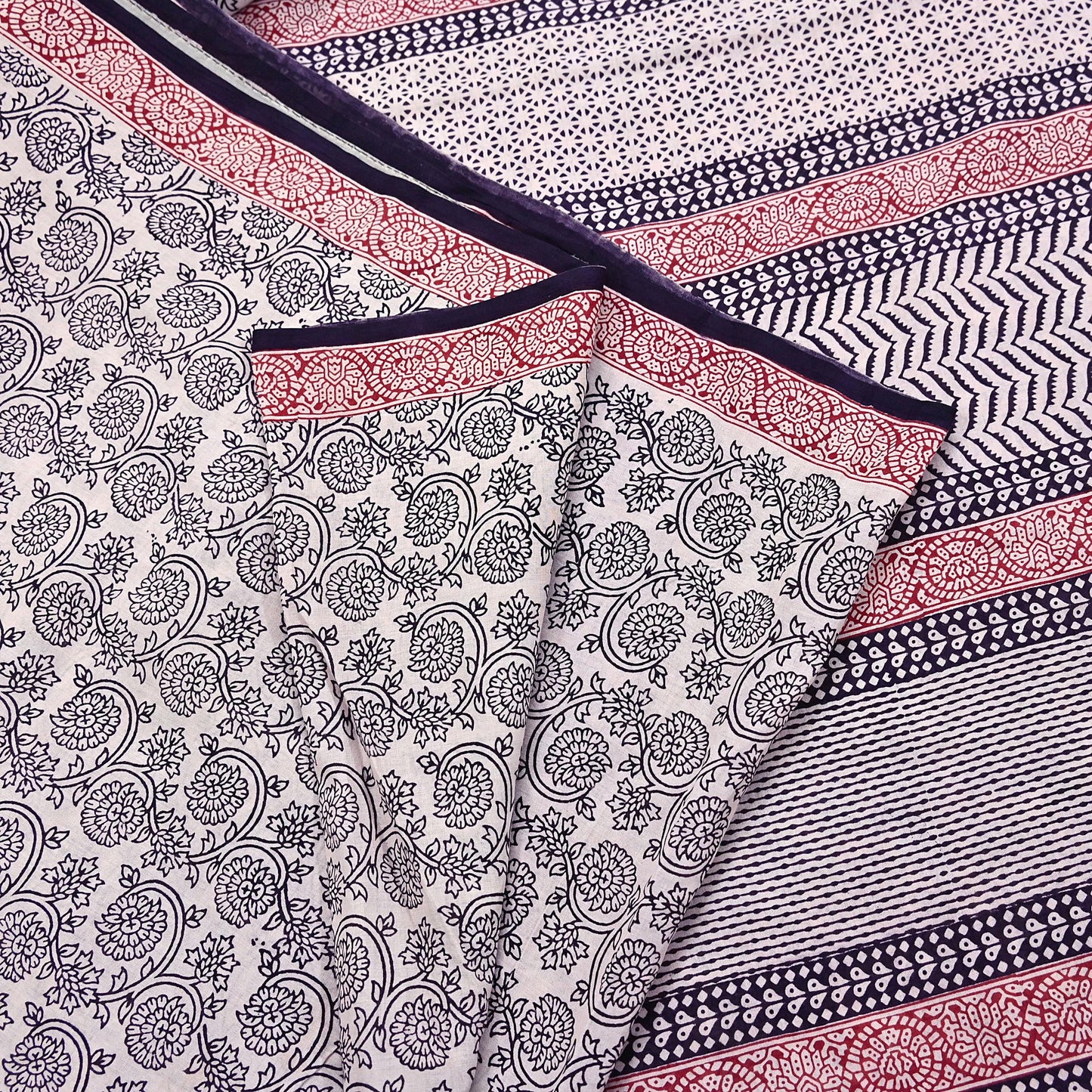 Indian Vintage Sari Cream & Black Pure Chanderi Cotton Hand Block Printed Sarees 5Yd Craft Fabric Soft Sewing Sarong Dress Making Quilting