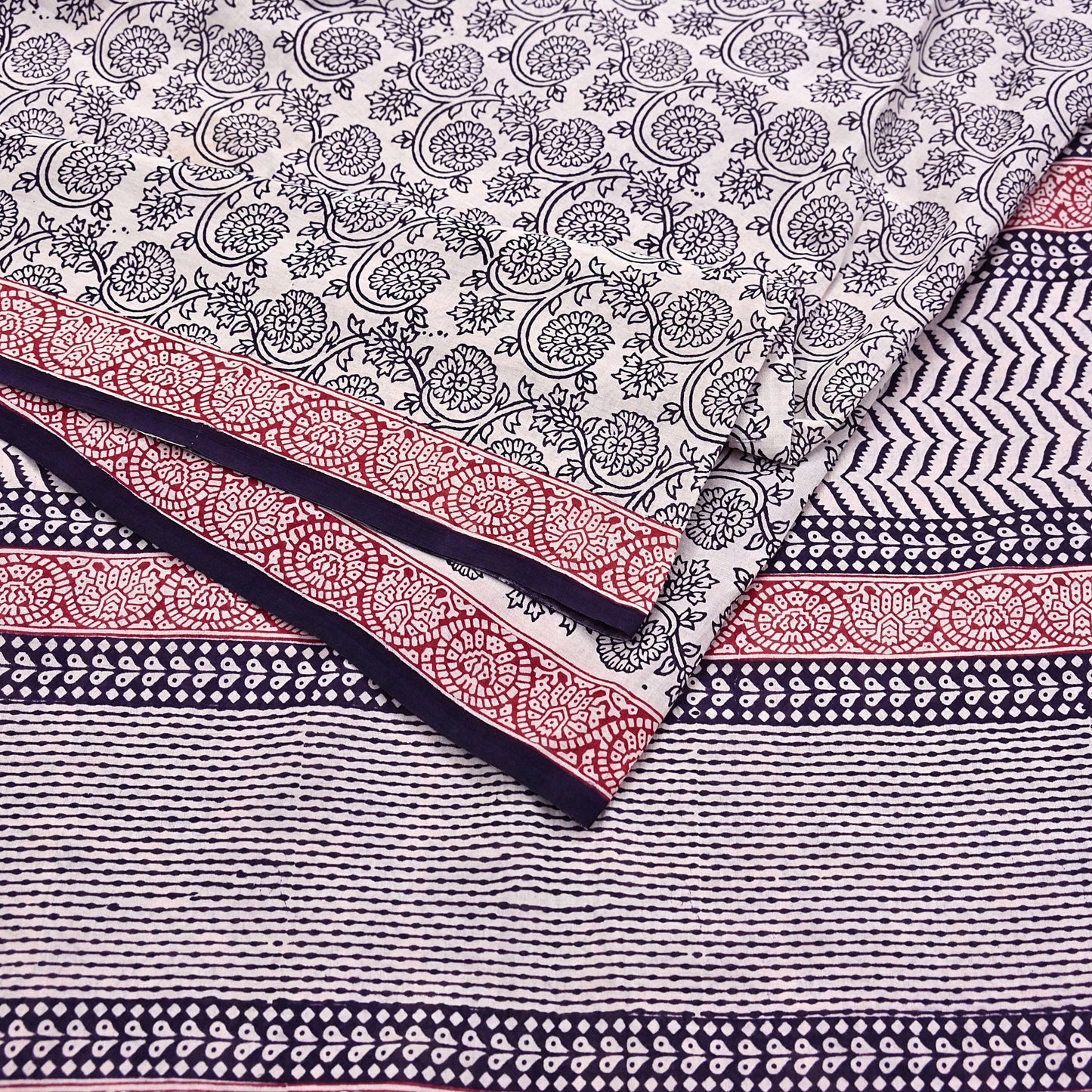 Indian Vintage Sari Cream & Black Pure Chanderi Cotton Hand Block Printed Sarees 5Yd Craft Fabric Soft Sewing Sarong Dress Making Quilting