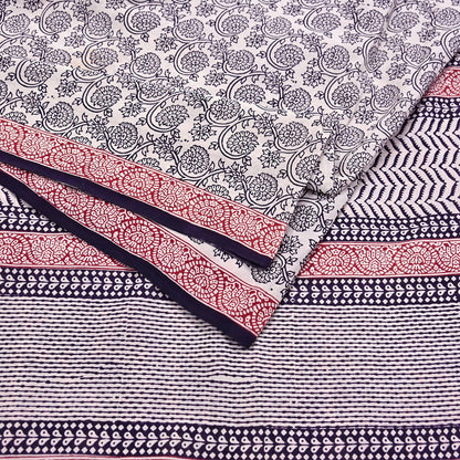 Indian Vintage Sari Cream & Black Pure Chanderi Cotton Hand Block Printed Sarees 5Yd Craft Fabric Soft Sewing Sarong Dress Making Quilting