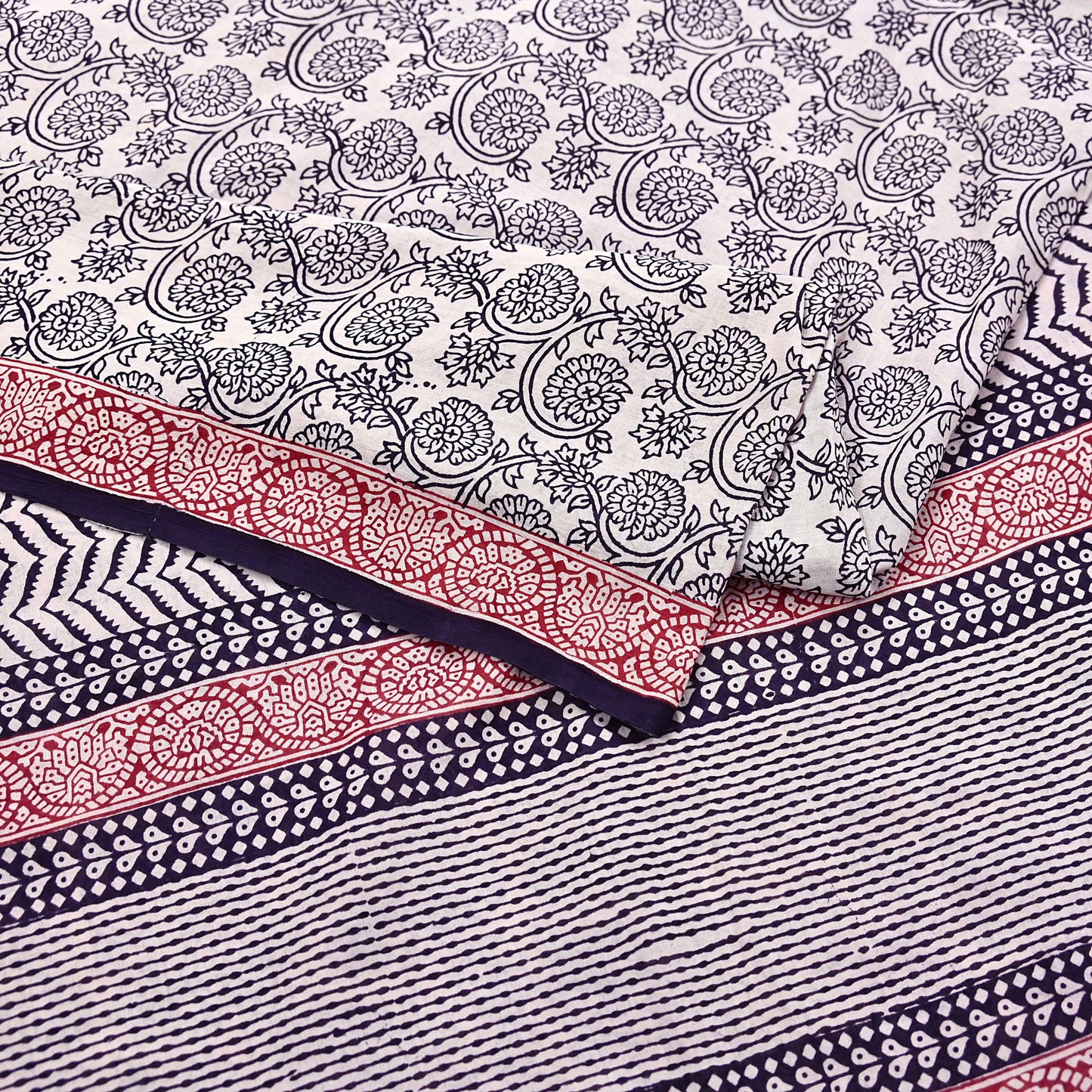 Indian Vintage Sari Cream & Black Pure Chanderi Cotton Hand Block Printed Sarees 5Yd Craft Fabric Soft Sewing Sarong Dress Making Quilting