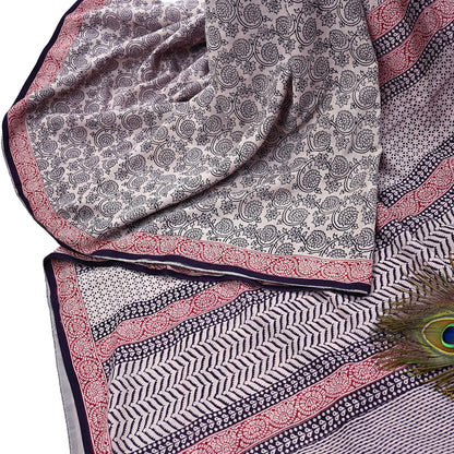 Indian Vintage Sari Cream & Black Pure Chanderi Cotton Hand Block Printed Sarees 5Yd Craft Fabric Soft Sewing Sarong Dress Making Quilting