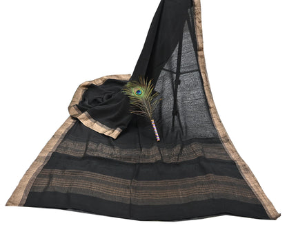 Indian Vintage Sari Black hand woven Sari Pure chanderi Silk Saree Craft Fabric 5Yd Floral Soft Zari Dress making For Crafting Quilting