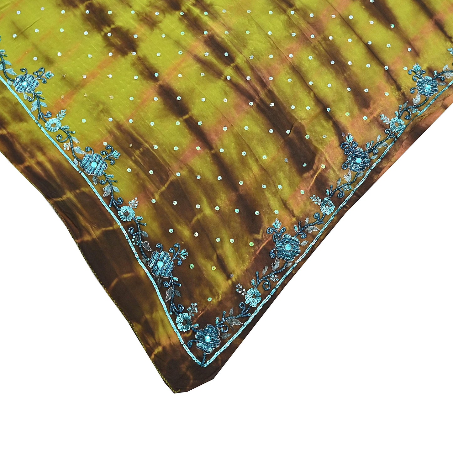 Indian Vintage Brown & Green Saree Pure Crepe Silk Hand Embroidered Tie-Dye Sari Fabric 5yard Sewing Craft Fabric Ethnic zari