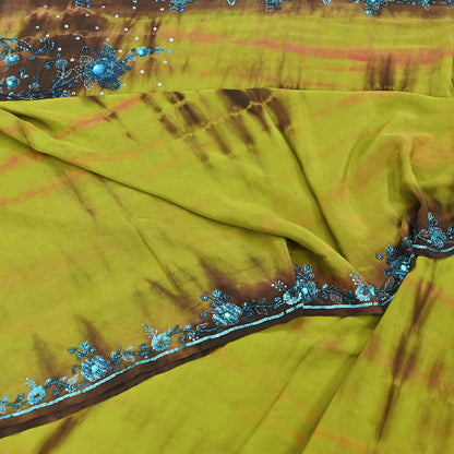 Indian Vintage Brown & Green Saree Pure Crepe Silk Hand Embroidered Tie-Dye Sari Fabric 5yard Sewing Craft Fabric Ethnic zari