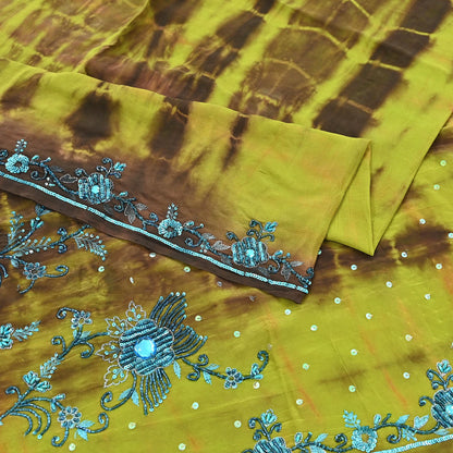 Indian Vintage Brown & Green Saree Pure Crepe Silk Hand Embroidered Tie-Dye Sari Fabric 5yard Sewing Craft Fabric Ethnic zari