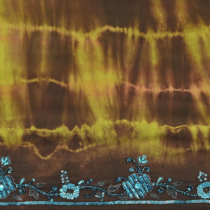 Indian Vintage Brown & Green Saree Pure Crepe Silk Hand Embroidered Tie-Dye Sari Fabric 5yard Sewing Craft Fabric Ethnic zari
