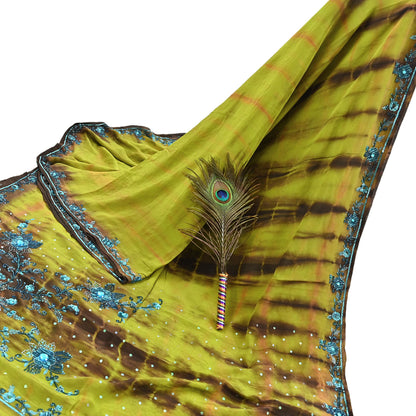 Indian Vintage Brown & Green Saree Pure Crepe Silk Hand Embroidered Tie-Dye Sari Fabric 5yard Sewing Craft Fabric Ethnic zari