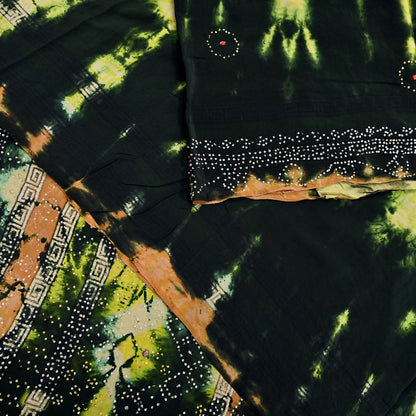 Indian Vintage Black & Yellow Saree Pure Crepe Silk Hand Embroidered Tie-Dye Sari Fabric 5yard Sewing Craft Fabric Ethnic zari