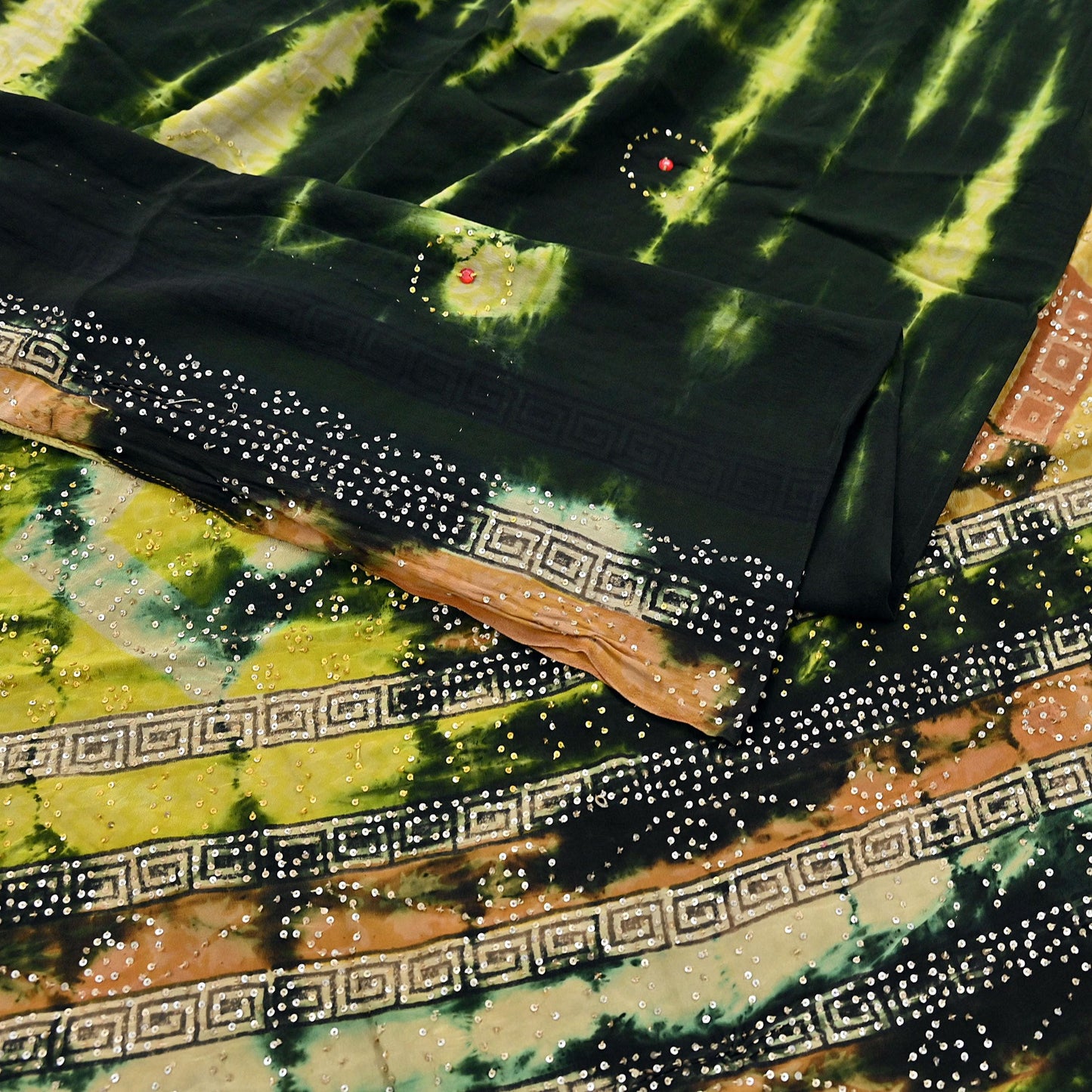 Indian Vintage Black & Yellow Saree Pure Crepe Silk Hand Embroidered Tie-Dye Sari Fabric 5yard Sewing Craft Fabric Ethnic zari