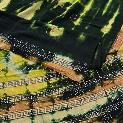 Indian Vintage Black & Yellow Saree Pure Crepe Silk Hand Embroidered Tie-Dye Sari Fabric 5yard Sewing Craft Fabric Ethnic zari