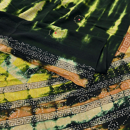 Indian Vintage Black & Yellow Saree Pure Crepe Silk Hand Embroidered Tie-Dye Sari Fabric 5yard Sewing Craft Fabric Ethnic zari