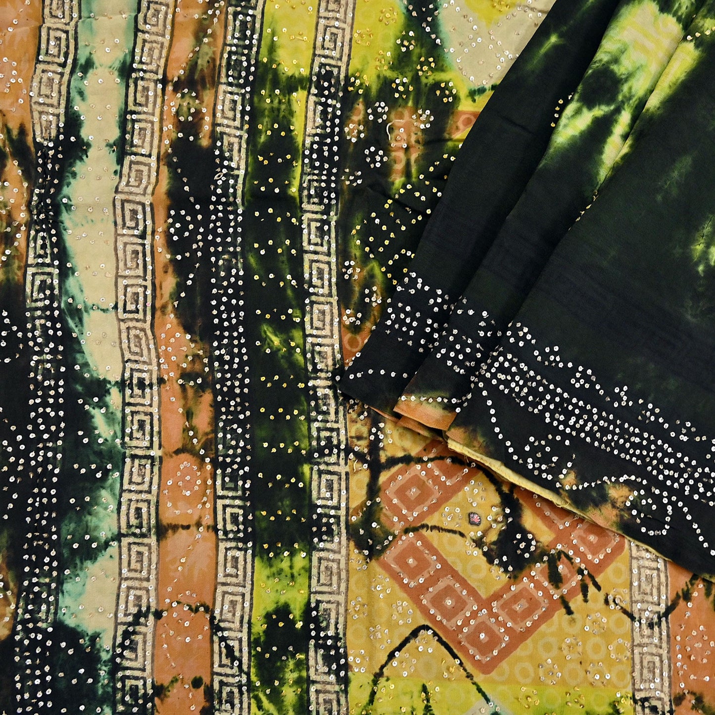 Indian Vintage Black & Yellow Saree Pure Crepe Silk Hand Embroidered Tie-Dye Sari Fabric 5yard Sewing Craft Fabric Ethnic zari