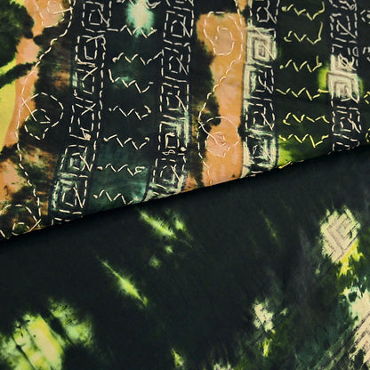Indian Vintage Black & Yellow Saree Pure Crepe Silk Hand Embroidered Tie-Dye Sari Fabric 5yard Sewing Craft Fabric Ethnic zari