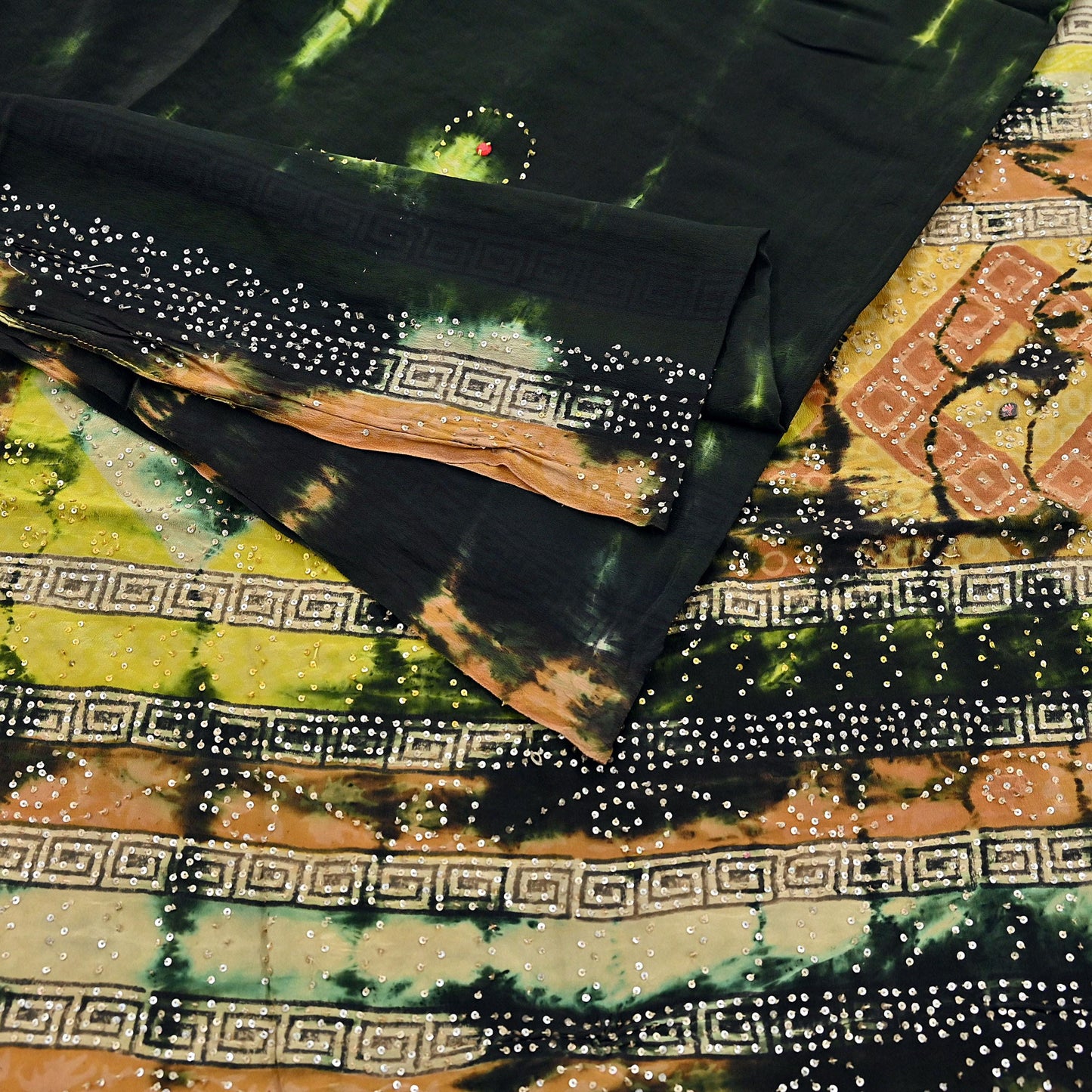 Indian Vintage Black & Yellow Saree Pure Crepe Silk Hand Embroidered Tie-Dye Sari Fabric 5yard Sewing Craft Fabric Ethnic zari
