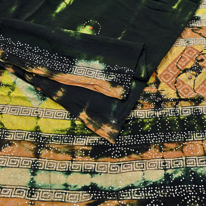 Indian Vintage Black & Yellow Saree Pure Crepe Silk Hand Embroidered Tie-Dye Sari Fabric 5yard Sewing Craft Fabric Ethnic zari