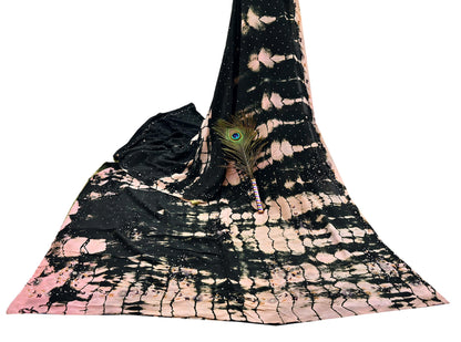 Indian Vintage black & peach Saree Pure Crepe Silk Hand Embroidered Tie-Dye Sari Fabric 5yard Sewing Craft Fabric Ethnic zari