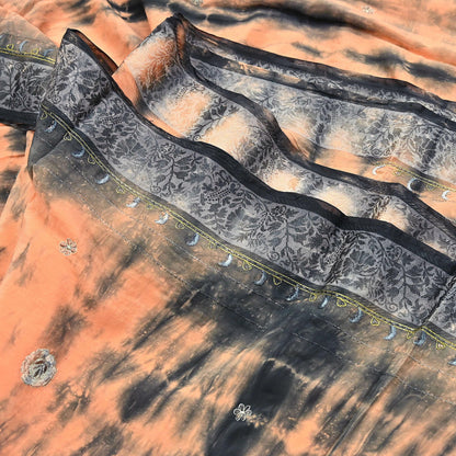 Indian Vintage Saree Peach & Black Pure Crepe Silk Hand Embroidered Tie-Dye Sari Fabric 5yard Sewing Craft Fabric Dressmaking Crafting Zari
