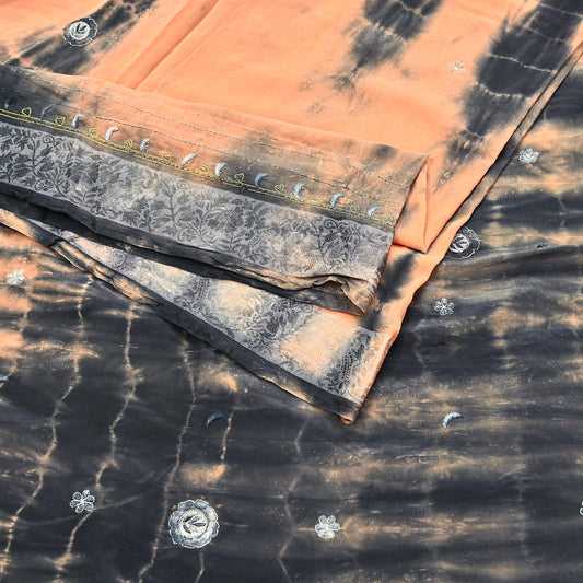 Indian Vintage Saree Peach & Black Pure Crepe Silk Hand Embroidered Tie-Dye Sari Fabric 5yard Sewing Craft Fabric Dressmaking Crafting Zari