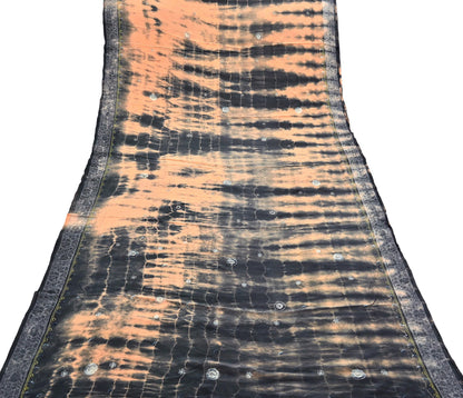 Indian Vintage Saree Peach & Black Pure Crepe Silk Hand Embroidered Tie-Dye Sari Fabric 5yard Sewing Craft Fabric Dressmaking Crafting Zari