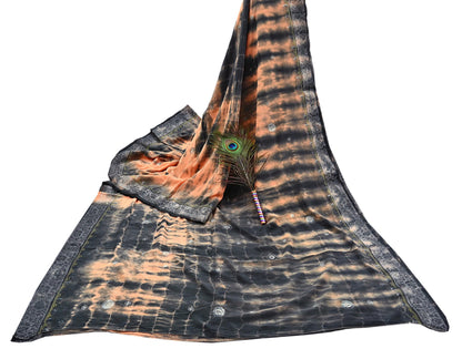 Indian Vintage Saree Peach & Black Pure Crepe Silk Hand Embroidered Tie-Dye Sari Fabric 5yard Sewing Craft Fabric Dressmaking Crafting Zari