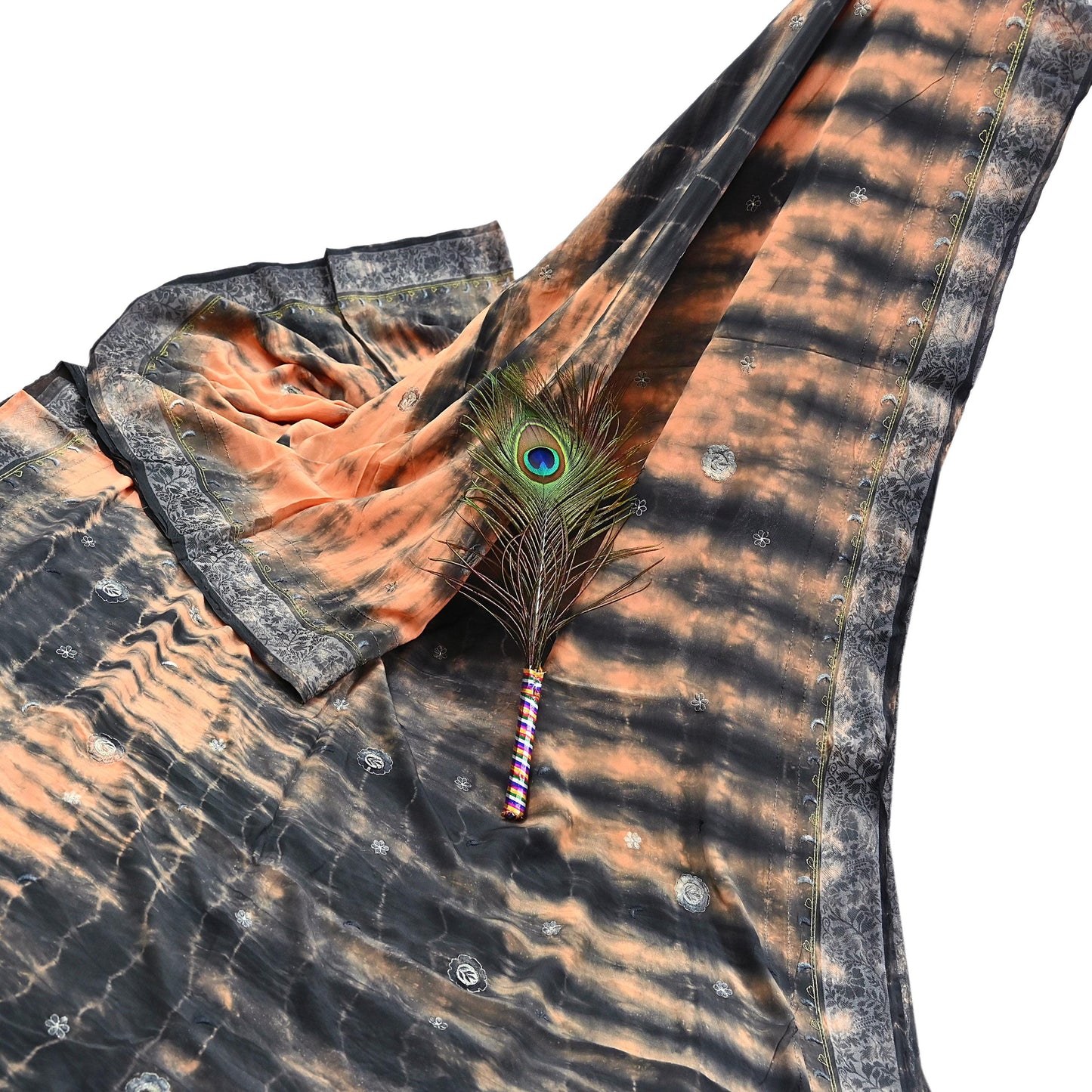 Indian Vintage Saree Peach & Black Pure Crepe Silk Hand Embroidered Tie-Dye Sari Fabric 5yard Sewing Craft Fabric Dressmaking Crafting Zari