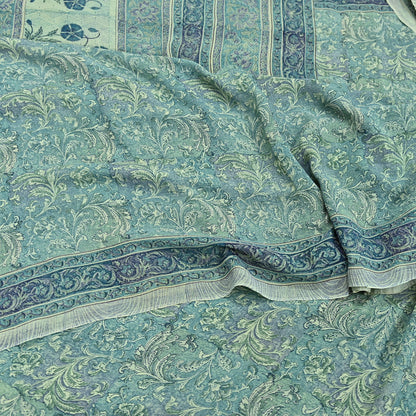 Indian Vintage Sari Green Pure Georgette Silk Block Printed Sarees Craft Fabric Sewing 5Yd Soft Sari Dress Making Crafting Quilting Upcycle