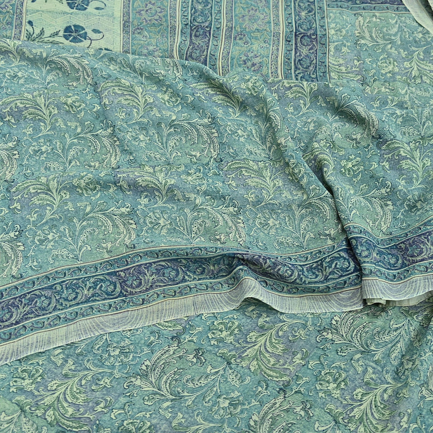 Indian Vintage Sari Green Pure Georgette Silk Block Printed Sarees Craft Fabric Sewing 5Yd Soft Sari Dress Making Crafting Quilting Upcycle