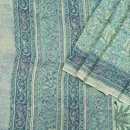 Indian Vintage Sari Green Pure Georgette Silk Block Printed Sarees Craft Fabric Sewing 5Yd Soft Sari Dress Making Crafting Quilting Upcycle
