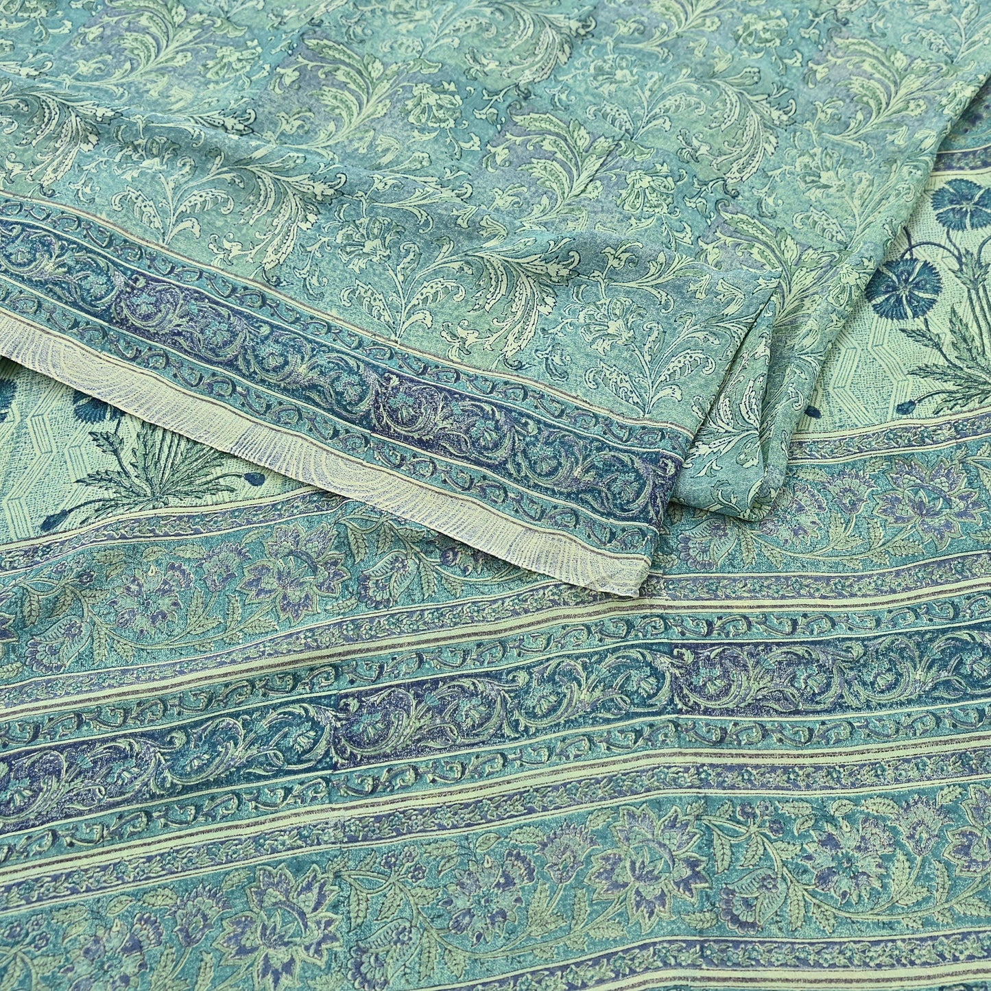 Indian Vintage Sari Green Pure Georgette Silk Block Printed Sarees Craft Fabric Sewing 5Yd Soft Sari Dress Making Crafting Quilting Upcycle