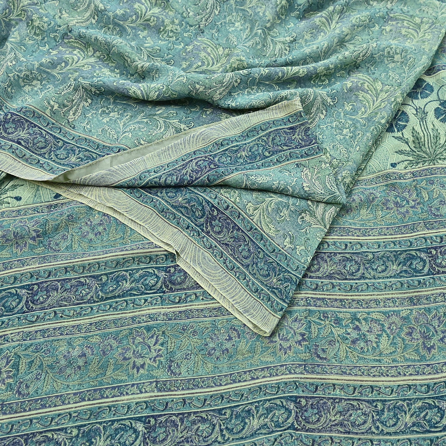 Indian Vintage Sari Green Pure Georgette Silk Block Printed Sarees Craft Fabric Sewing 5Yd Soft Sari Dress Making Crafting Quilting Upcycle