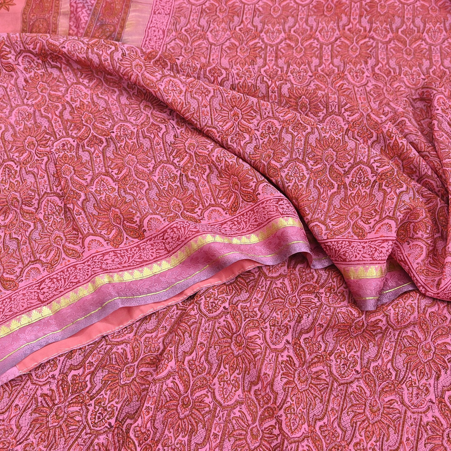 Women Vintage Sari Pink 100% Pure Georgette Silk Printed Saree Craft Fabric Sewing 6Yd Soft Sari Dress Making Crafting Quilting