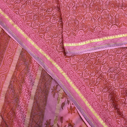 Women Vintage Sari Pink 100% Pure Georgette Silk Printed Saree Craft Fabric Sewing 6Yd Soft Sari Dress Making Crafting Quilting