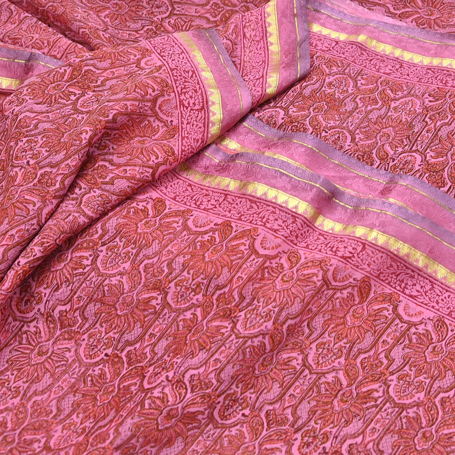 Women Vintage Sari Pink 100% Pure Georgette Silk Printed Saree Craft Fabric Sewing 6Yd Soft Sari Dress Making Crafting Quilting