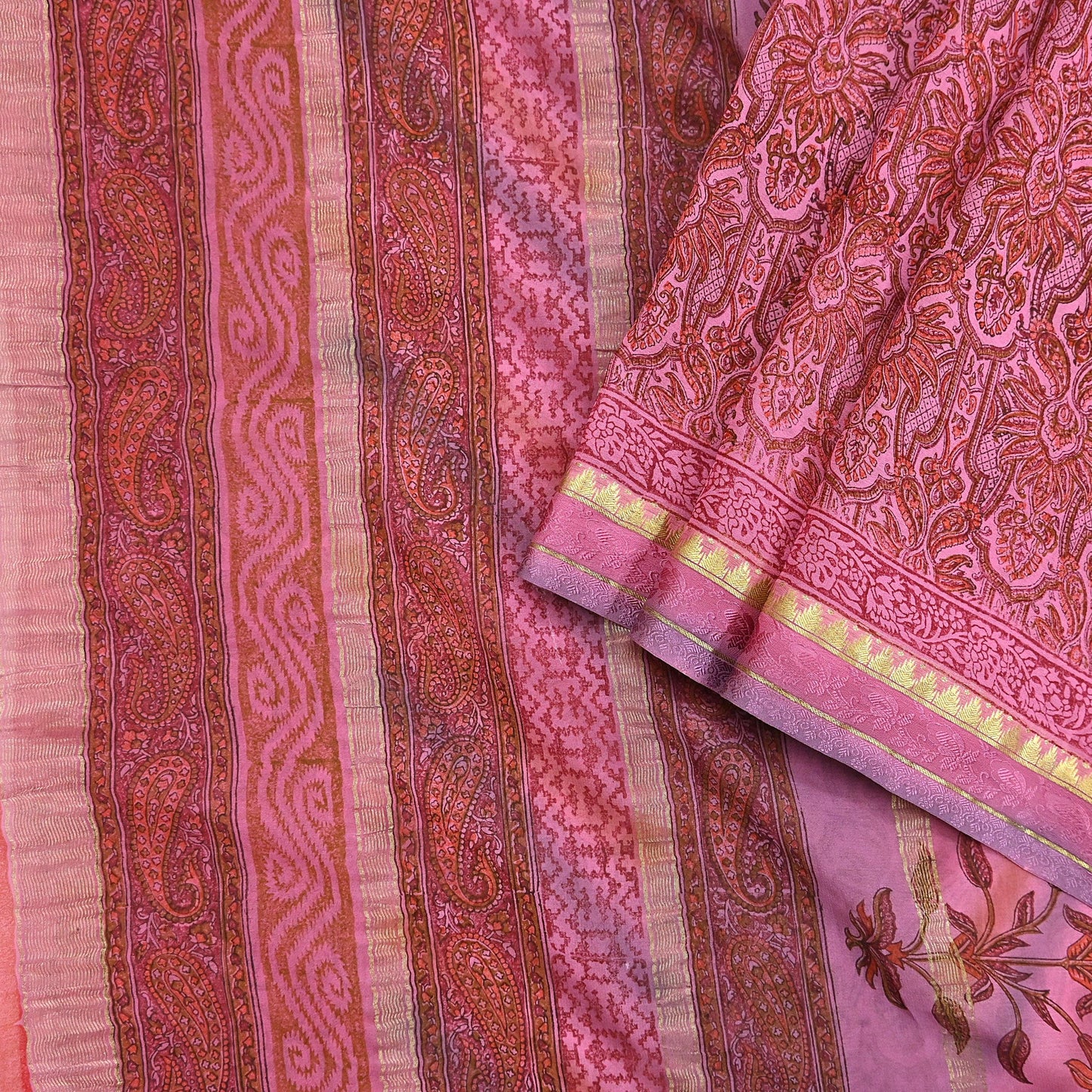 Women Vintage Sari Pink 100% Pure Georgette Silk Printed Saree Craft Fabric Sewing 6Yd Soft Sari Dress Making Crafting Quilting