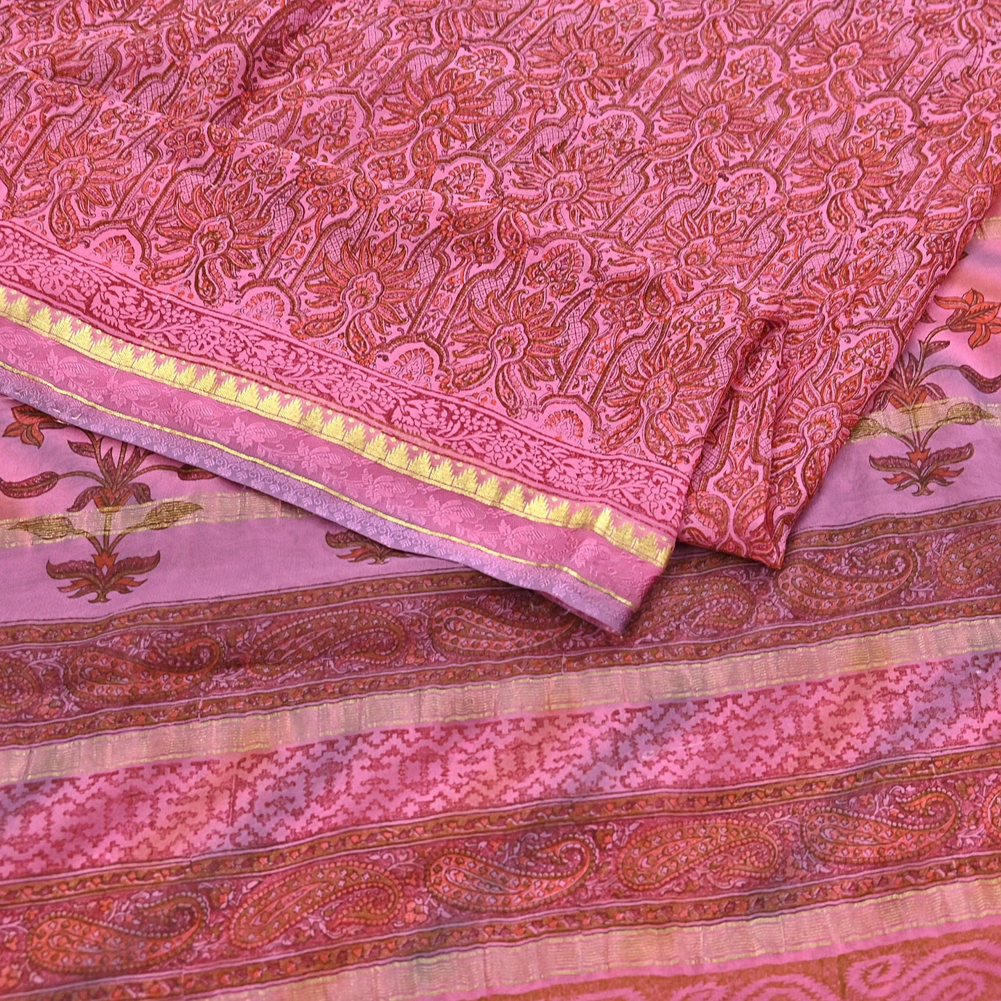 Women Vintage Sari Pink 100% Pure Georgette Silk Printed Saree Craft Fabric Sewing 6Yd Soft Sari Dress Making Crafting Quilting