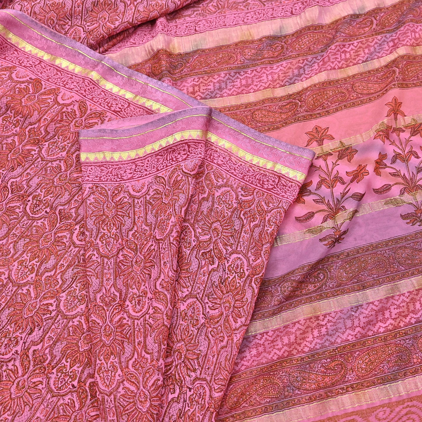 Women Vintage Sari Pink 100% Pure Georgette Silk Printed Saree Craft Fabric Sewing 6Yd Soft Sari Dress Making Crafting Quilting